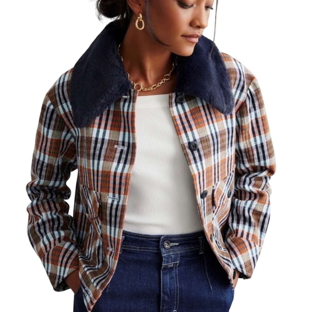 Maeve by Anthropologie Plaid Faux Fur Collar Jacket Orange Multi Size Medium
